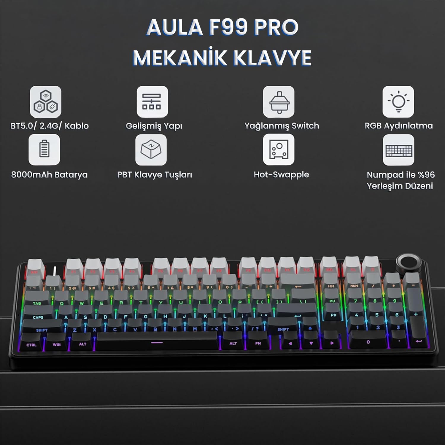 AULA F99 Pro Wireless Mechanical Keyboard (Side Engraved+Gradient Gray - Nimbus Switch) - Image 2