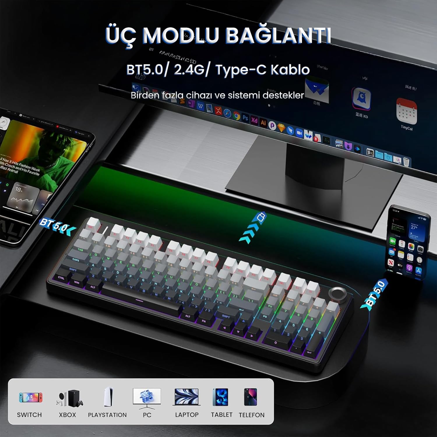 AULA F99 Pro Wireless Mechanical Keyboard (Side Engraved+Gradient Gray - Nimbus Switch) - Image 3