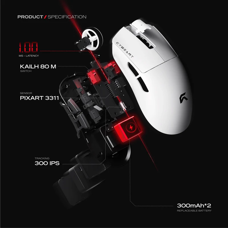 Cybeart Artemis 52g Ultra-Light Wireless Gaming Mouse - White - Image 8